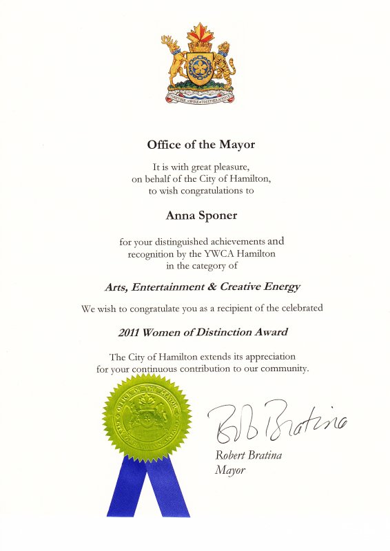 Arts Award recognition by City of Hamilton
