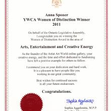 Arts Award Recognition from YWCA 2011